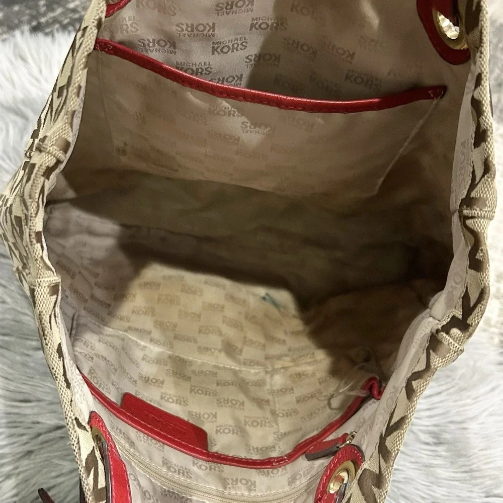 MK Michael‎ Kors Jet Set Signature Grab Bag Tote Tan/Red Jacquard Leather Y2K